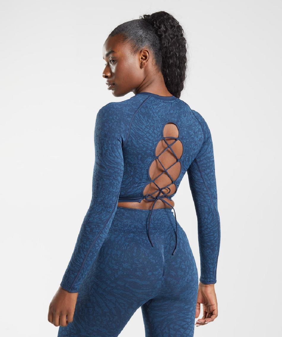 Przycięte Topy Damskie Gymshark Adapt Animal Seamless Koronkowe Up Back Granatowe | PL 2603KOR